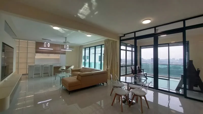 Living features: large glass sliding doors, floor-to-ceiling windows, cream painted walls, polished tile flooring, 5-blade ceiling fan with light, L-shape sectional sofa in beige, glass coffee table, dining table with four chairs, sheer curtains, recessed downlights; style: modern; view: city. Kitchen features: white cabinetry, stainless-steel appliances, kitchen island with seating, marble countertop, built-in oven, freestanding range oven, microwave; style: modern.