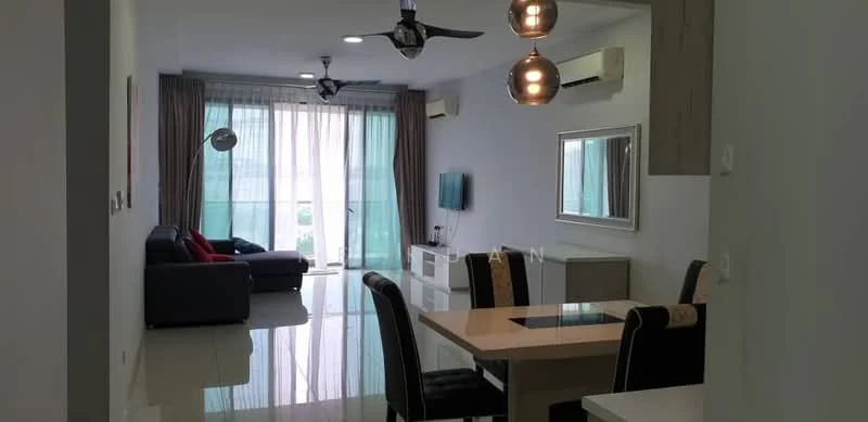 Living features: 3-seater fabric sofa in dark grey, 2-blade ceiling fan with light, wall-mounted TV, white TV console, glass coffee table, area rug, floor-to-ceiling windows, sheer curtains, recessed downlights, dining table with 6 black upholstered chairs, decorative mirror, light fixtures with pendant lights; style: modern; view: city.
