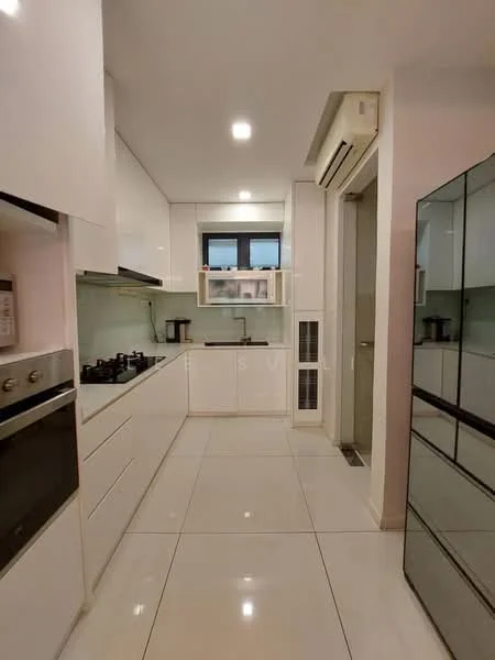 Kitchen features: white cabinetry, stainless-steel oven, 4-burner gas hob, white quartz countertop, white tiled backsplash, single-bowl stainless-steel sink, chrome pull-down faucet, built-in refrigerator, recessed LED downlights, floor-to-ceiling windows, sliding glass door, polished ceramic tile flooring, wall-mounted split AC; style: modern.
