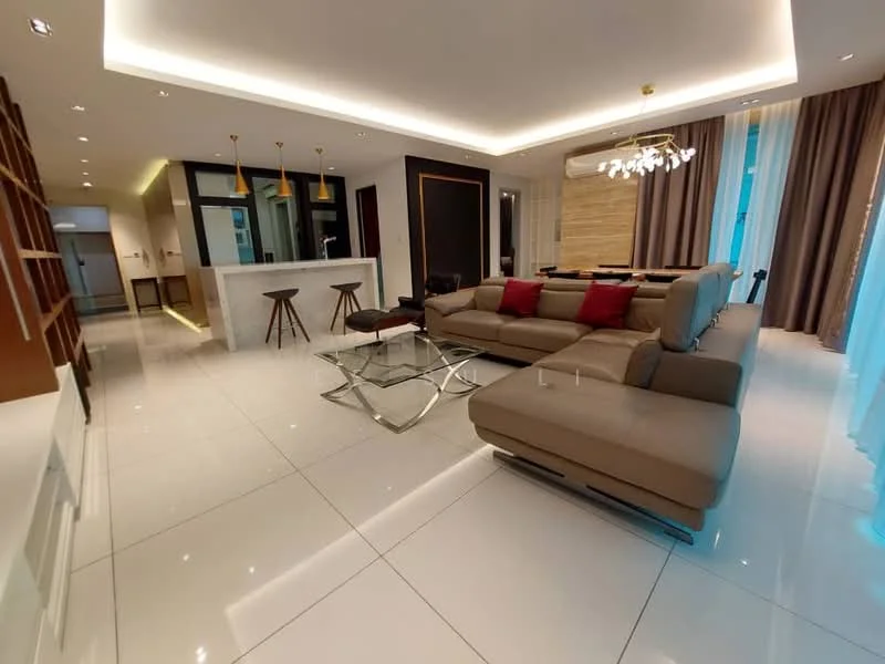Living features: L-shape sectional sofa in beige, coffee table with glass top, TV console, wall-mounted TV, recessed LED downlights, chandelier, floor-to-ceiling windows with sheer curtains, white painted walls, polished ceramic tile flooring, decorative wall paneling, area rug, decorative cushions in red; style: modern; view: city. Kitchen features: kitchen island with bar stools, pendant lighting above island, white cabinetry, black countertop, built-in oven, stainless-steel range hood, 4-burner gas hob, backlit wall panel, open-plan layout; style: modern.