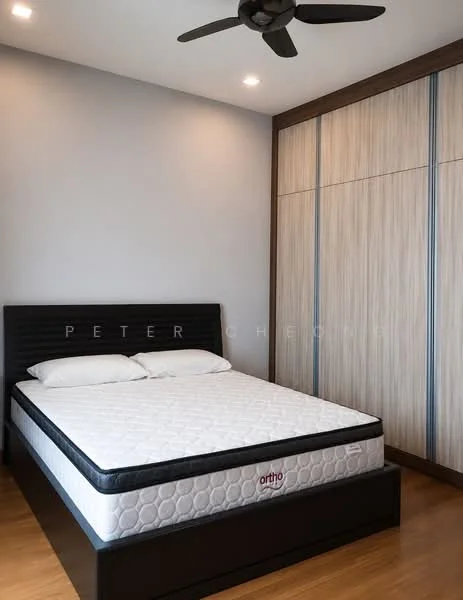 Bedroom features: king-size bed, upholstered headboard, 2 white pillows, wooden flooring, built-in wardrobe with sliding doors, grey painted walls, recessed ceiling lights, 5-blade ceiling fan; style: modern.