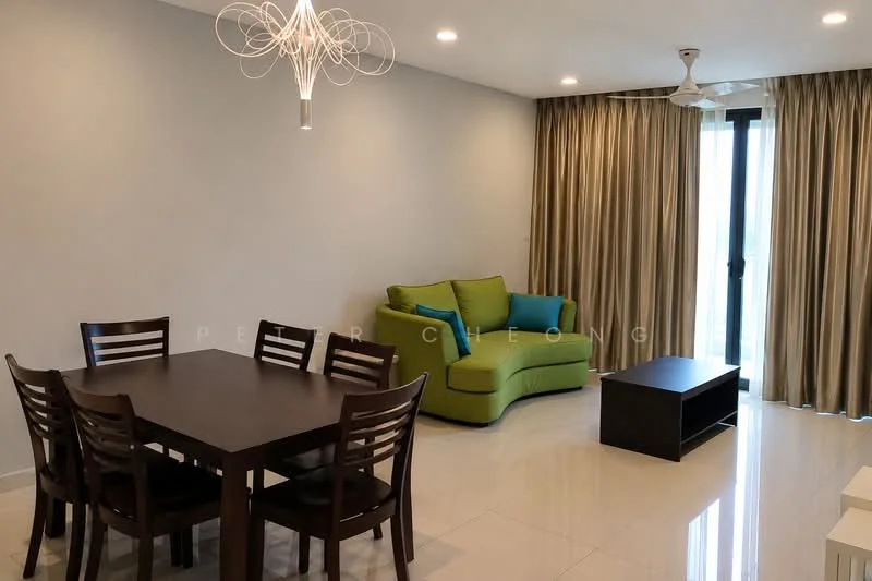 Living features: green fabric sectional sofa, dark wood coffee table, 6-seater dining table with dark wood finish, white walls, recessed downlights, ceiling fan, floor-to-ceiling windows with sheer curtains, glossy tile flooring; style: modern.