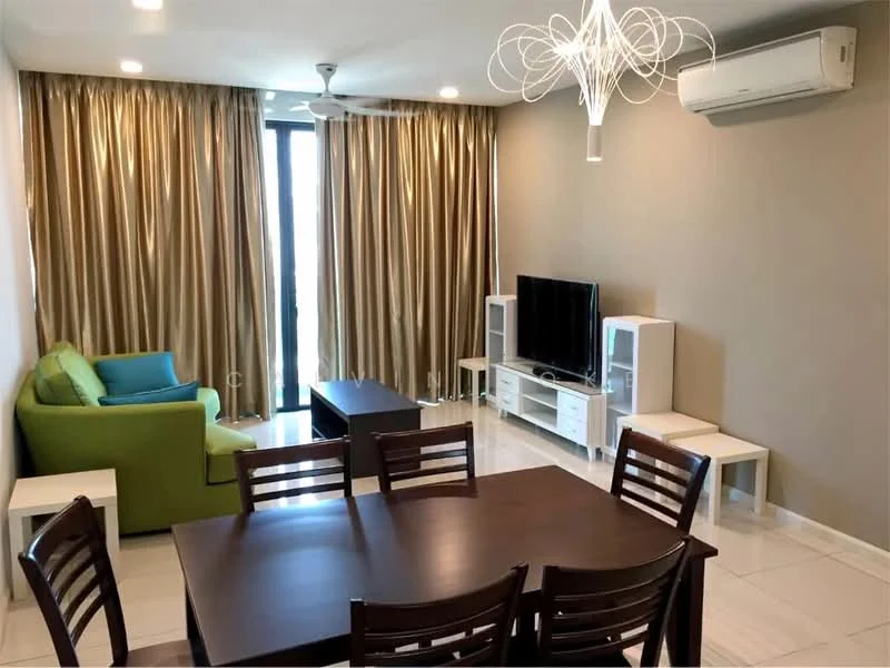 Living features: green fabric sofa, wooden coffee table, white TV console, wall-mounted TV, dining table with wooden chairs, floor-to-ceiling windows, sheer curtains, recessed downlights, ceiling fan, air conditioning unit, light fixture with multiple bulbs, cream painted walls, glossy tile flooring; style: modern.