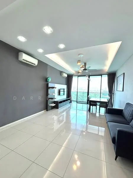 Living features: white painted walls, grey accent wall, glossy white tile flooring, 5-blade ceiling fan with light, recessed LED downlights, wall-mounted TV, TV console, sofa in navy blue, dining table for 2, floor-to-ceiling windows, sheer curtains; style: modern; view: garden.
