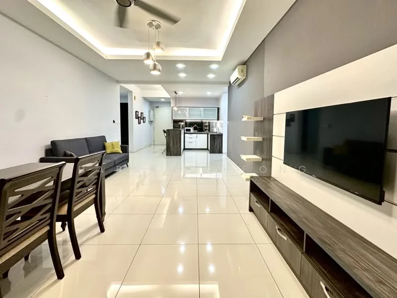 Living features: white painted walls, recessed ceiling with LED lighting, 5-blade ceiling fan, large wall-mounted TV, wooden TV console, grey sofa, dining table with 4 chairs, glossy tile flooring; style: modern. Kitchen features: open kitchen layout, kitchen island, stainless-steel appliances, white cabinetry, black countertop, built-in oven, refrigerator, ceramic tile backsplash; style: modern.
