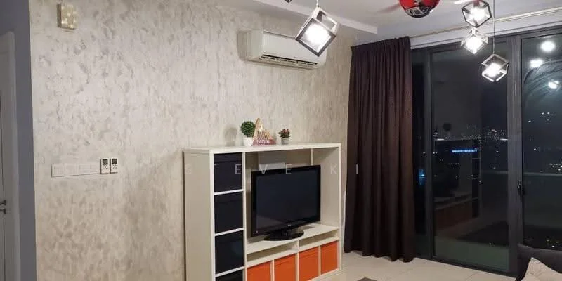 Living features: grey textured accent wall, white painted walls, tile flooring, floor-to-ceiling windows, blackout curtains, recessed LED downlights, 3-blade ceiling fan, TV console with black and orange storage, wall-mounted TV, decorative plants, air conditioning unit; style: modern; view: city.