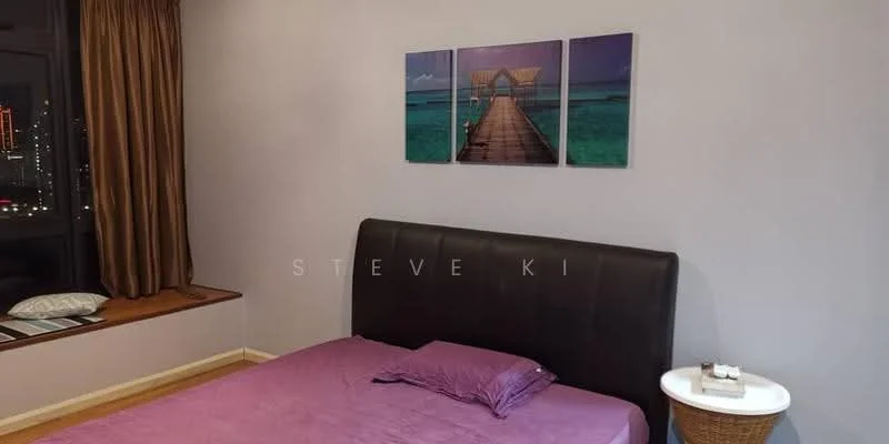 Bedroom features: queen-size bed with purple bedding, black upholstered headboard, wooden flooring, grey painted walls, floor-to-ceiling windows, brown curtains, decorative wall art with a dock and water theme, small round side table, decorative items on side table, window seat with cushions; style: modern; view: city.