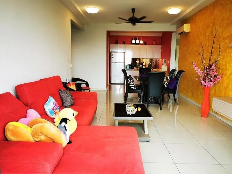 Living features: red fabric sofa, coffee table with glass top, floor tiles, ceiling fan, wall-mounted air conditioning unit, decorative wall with orange paint, dining table with black chairs, kitchen area with red cabinetry, refrigerator, decorative flower arrangement, plush toys on sofa; style: modern.
