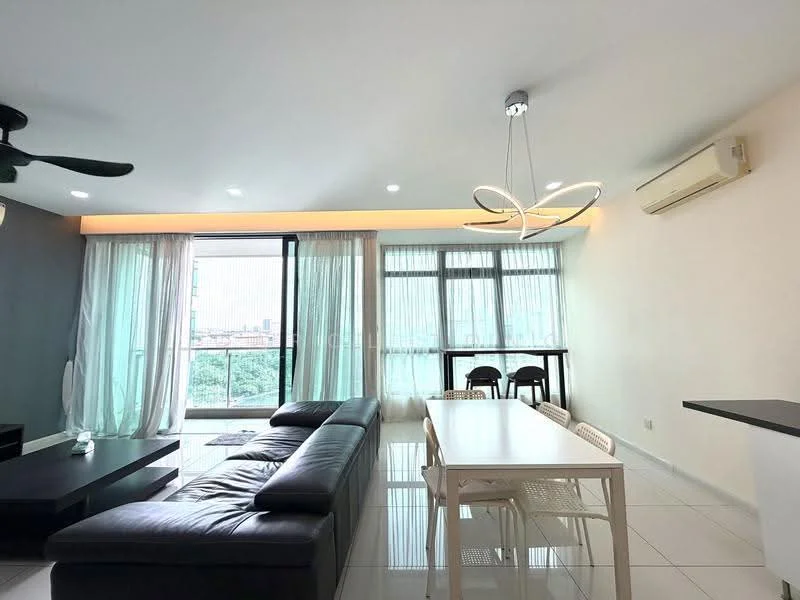 Living features: L-shape sectional sofa in dark grey, white dining table, 4 white dining chairs, ceiling fan with light, recessed downlights, floor-to-ceiling windows, sheer curtains, black bar stools, white tiled flooring, air conditioning unit; style: modern; view: garden.