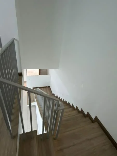 Room features: wooden staircase, white painted walls, metal railing, laminate flooring, natural light from window; style: modern.
