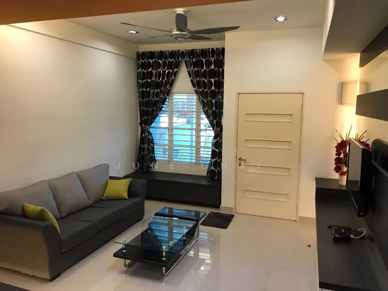 Living features: grey fabric sofa, 2 yellow accent cushions, glass coffee table, white painted walls, recessed downlights, ceiling fan, black and white patterned curtains, floor-to-ceiling window, TV console, decorative plant, area rug; style: modern.