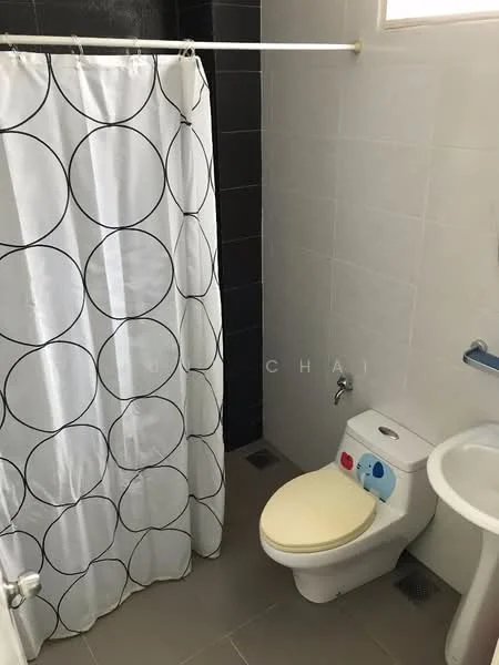 Bathroom features: white tiled walls, black accent wall, grey tile flooring, shower with white circular patterned curtain, one-piece toilet, sink with pedestal, toilet paper holder, window for natural light; style: modern.