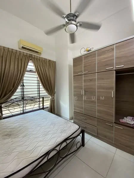 Bedroom features: queen-size bed frame, white mattress, wooden wardrobe with sliding doors, cream curtains, wall-mounted split AC, ceiling fan with light, white tiled flooring, decorative wall art; style: modern.