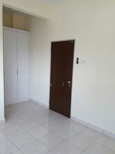Room features: cream painted walls, white tiled flooring, brown wooden door, built-in wardrobe with sliding doors, light fixture on ceiling.