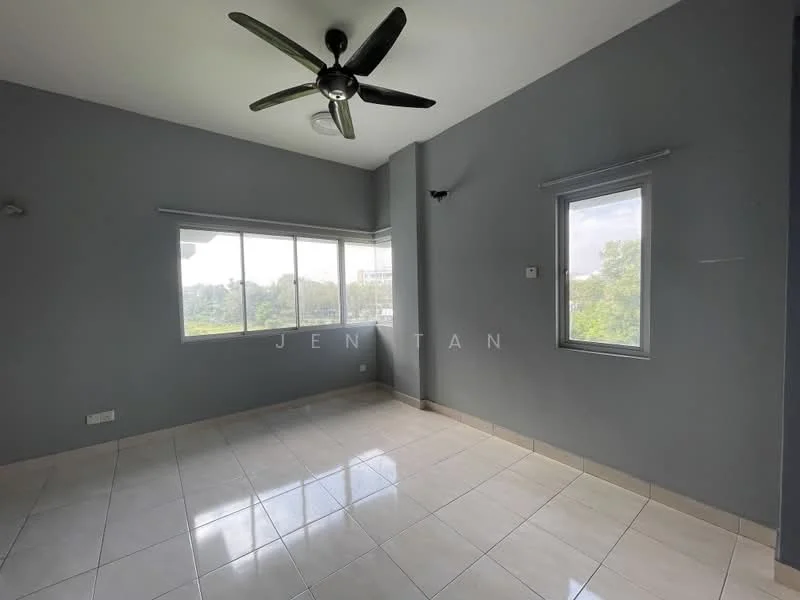 Room features: grey painted walls, white ceiling, 5-blade ceiling fan, floor-to-ceiling windows, tile flooring, natural light from windows, window treatments, corner window, light switch; style: modern; view: garden.