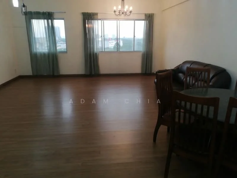 Living features: laminate flooring, white painted walls, floor-to-ceiling windows, green sheer curtains, chandelier, 3-seater leather sofa in brown, 4-seater dining table, wooden dining chairs, decorative wall, city view; style: modern; view: city.