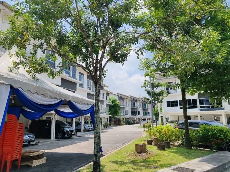 Exterior type: linked terrace house; features: two-storey linked terrace houses, manicured lawn, mature trees, paved driveway, car porch with awning, decorative landscaping, outdoor seating area with tent, clear blue sky; style: modern.