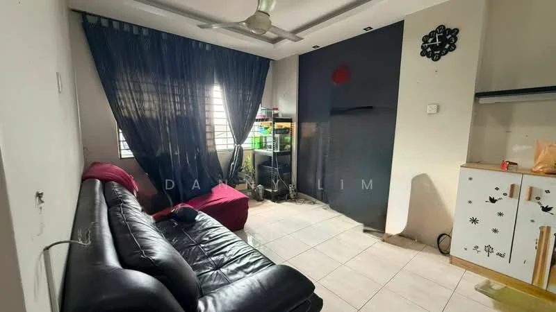 Living features: black leather sofa, red fabric armchair, white tiled flooring, ceiling fan, window with sheer curtains, wall-mounted decor, fish tank, black accent wall.
