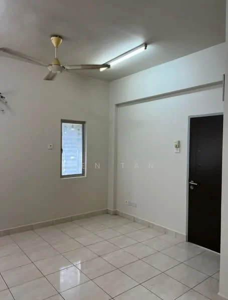 Room features: white painted walls, white ceiling, floor-to-ceiling window, ceramic tile flooring, 5-blade ceiling fan with light, single wooden door, light fixture on ceiling, corner wall with no visible decor; style: modern.