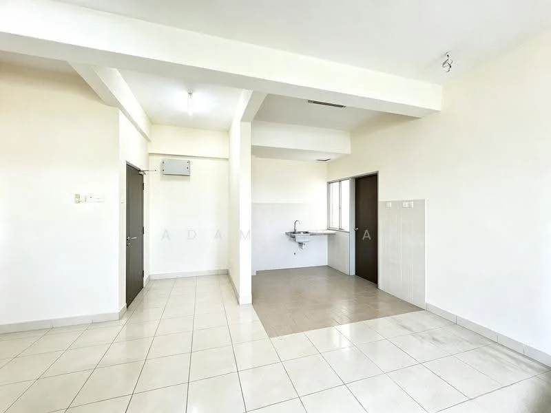 Room features: white painted walls, tile flooring, ceiling with recessed lighting, 1 wall-mounted split AC, kitchen area with sink, window for natural light, 2 doors leading to other spaces, neutral color scheme; style: modern.