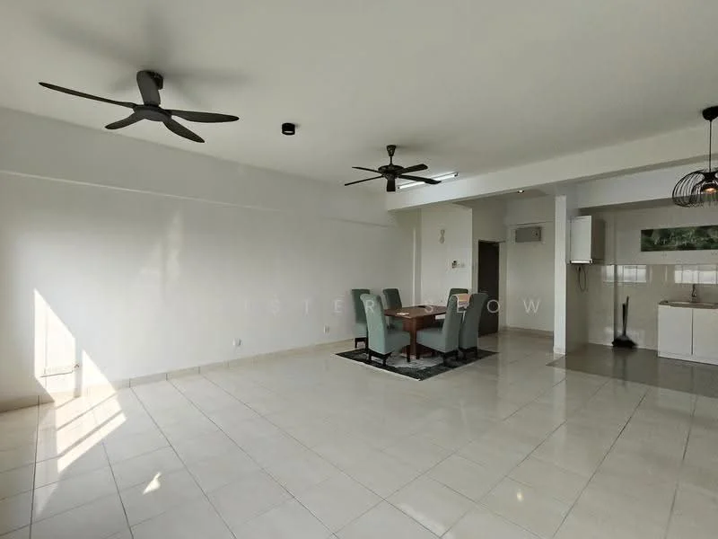 Living features: white painted walls, glossy tile flooring, 2 ceiling fans, dining table with 4 chairs, area rug, open layout to kitchen, large windows for natural light, recessed lighting; style: modern.