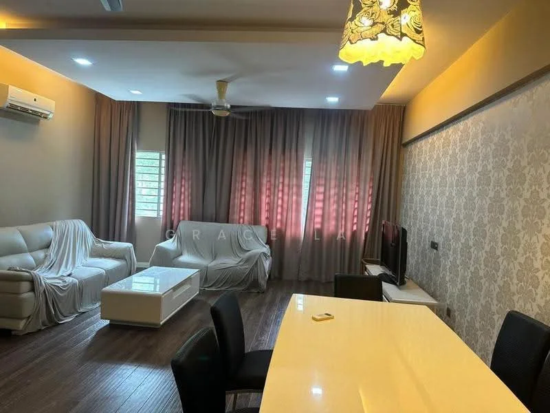 Living features: 3-seater fabric sofa in white, 2-seater fabric sofa in white, coffee table in white, TV console, wall-mounted TV, floor-to-ceiling windows, sheer curtains in grey, dark wood flooring, ceiling fan, recessed LED downlights, decorative wallpaper with floral pattern, dining table with 4 black chairs; style: modern.