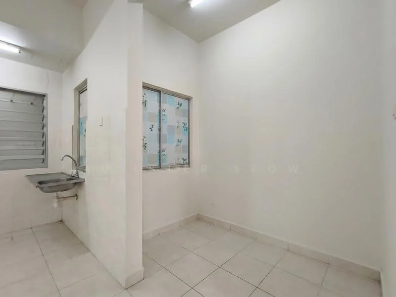 Kitchen features: single-bowl stainless-steel sink, chrome faucet, white tiled walls, light grey tiled flooring, window with floral curtain, wall-mounted shelving, neutral painted walls, fluorescent ceiling lights; style: modern.
