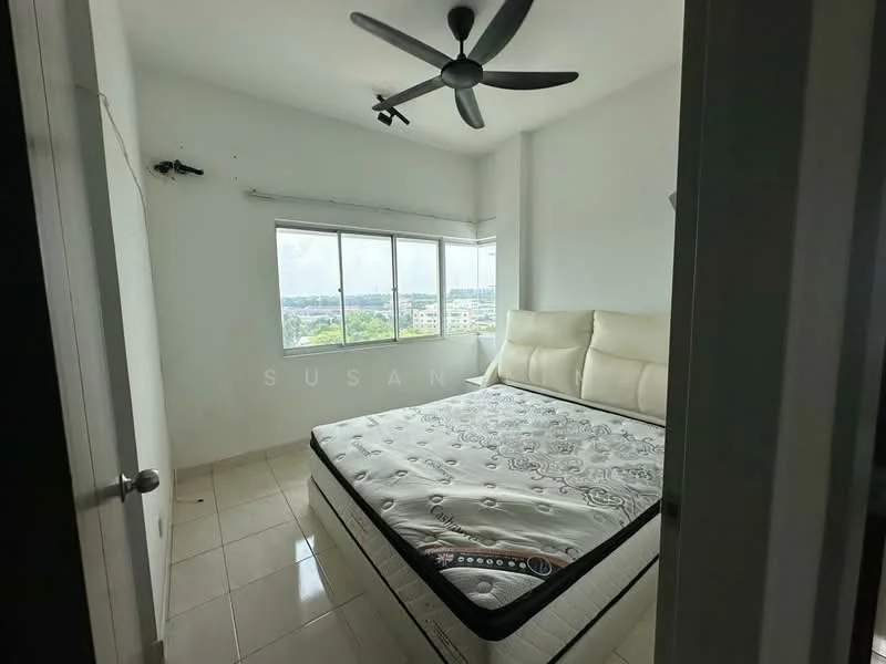 Bedroom features: king-size bed with upholstered headboard, white walls, floor-to-ceiling windows, city view, ceiling fan, tile flooring, curtains, light-colored bedding; style: modern; view: city.