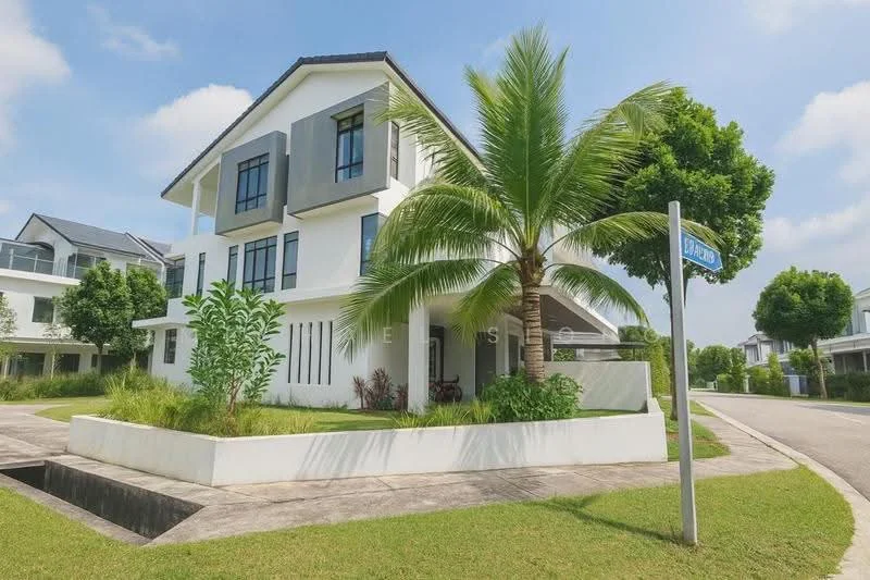 Exterior type: detached bungalow; features: white painted facade, flat roof, approximately 2-storey, manicured lawn, palm trees, landscaped garden, driveway with interlocking pavers, corner lot, modern architectural design, large windows, balconies with sliding doors; style: modern.
