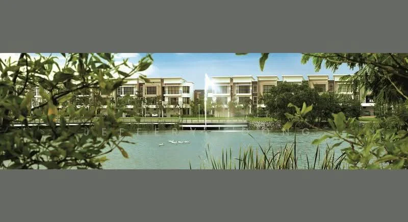 Exterior type: linked terrace house; features: manicured lawn, landscaping with shrubs, waterfront view, modern architectural design, multiple storeys, balconies on upper levels, large windows, surrounding greenery, pond with water lilies, pathway along the water, trees in the foreground; style: modern.