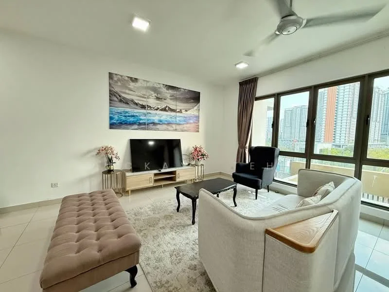 Living features: 3-seater fabric sofa in light grey, armchair in black fabric, coffee table with black surface, TV console with storage, wall-mounted TV, framed artwork on wall, area rug with neutral tones, ceiling fan, floor-to-ceiling windows, sheer curtains, decorative plants in ceramic pots, light-colored walls, tile flooring; style: modern; view: city.