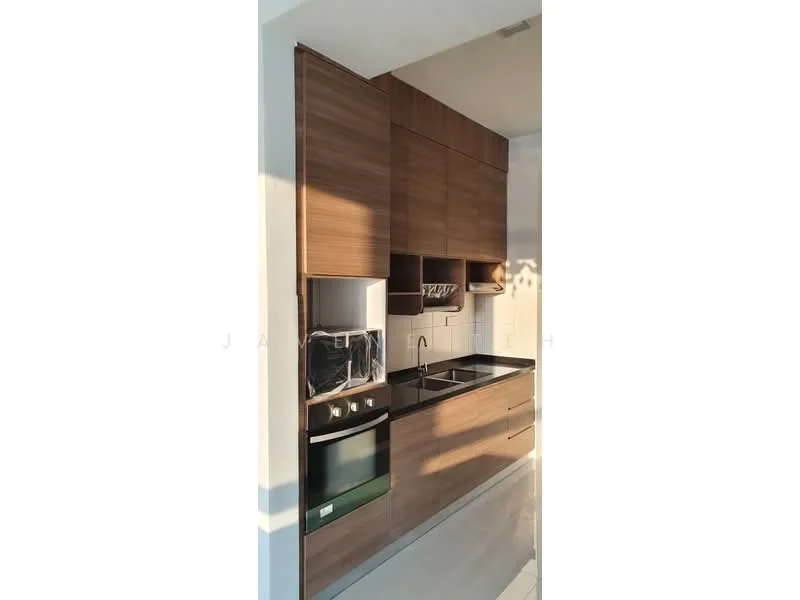 Kitchen features: wood cabinetry, black countertop, built-in oven, stainless-steel cooktop, single-bowl stainless-steel sink, chrome pull-down faucet, open shelving, tile backsplash, recessed downlights, white walls, polished tile flooring; style: modern.
