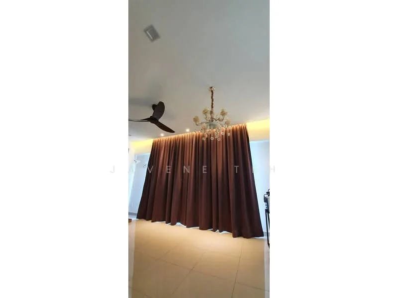 Room features: ceiling fan, chandelier, brown curtains, recessed lighting, cream painted walls, tile flooring; style: modern.