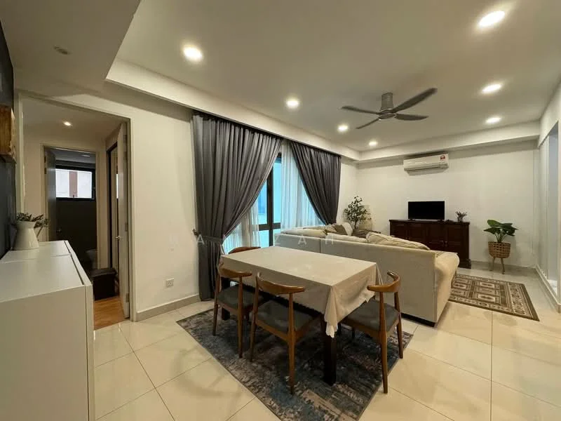 Living features: 5-blade ceiling fan with light, recessed downlights, floor-to-ceiling windows, grey curtains, white walls, cream tiled flooring, wooden TV console, wall-mounted TV, sofa in light fabric, dining table with 6 wooden chairs, area rug with geometric pattern, decorative plant in pot; style: modern. Room features: doorway leading to another room, wooden flooring visible in adjacent area.