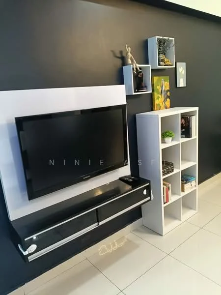 Living features: wall-mounted flat-screen TV, black TV console with drawers, white shelving unit, decorative wall art, black accent wall, white tiled flooring, books on shelves, figurine decoration; style: modern.