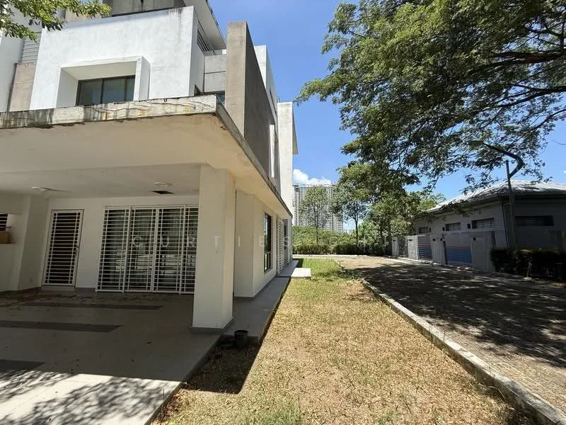 Exterior type: detached bungalow; features: white painted facade, flat roof, 2-storey building, manicured lawn, surrounded by mature greenery, paved walkway, large windows with grilles, driveway, adjacent to another building; style: modern.