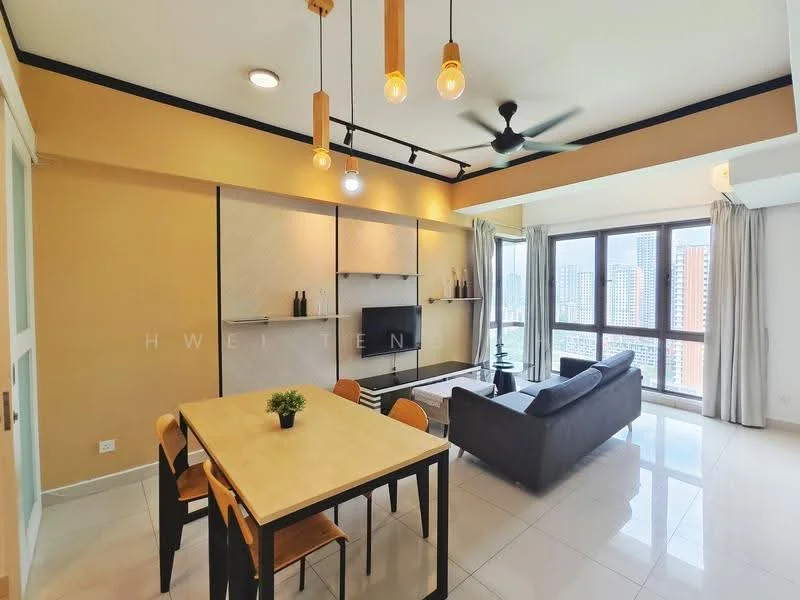 Living features: grey fabric sofa, black coffee table, 6-seater dining table, wooden dining chairs, wall-mounted TV, shelf unit with decorative items, recessed downlights, ceiling fan, large floor-to-ceiling windows, city view, light-colored walls, white tiled flooring; style: modern; view: city.