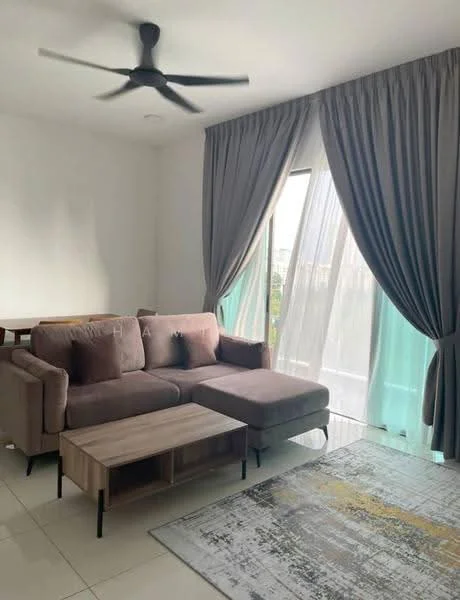 Living features: 3-seater fabric sofa in brown, L-shape sectional sofa, wooden coffee table, area rug with abstract pattern, floor-to-ceiling windows, sheer curtains, blackout curtains, ceiling fan, white painted walls, tile flooring; style: modern; view: garden.