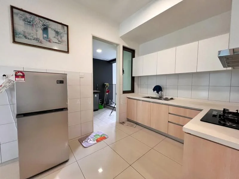 Kitchen features: stainless-steel fridge, built-in oven, 4-burner gas hob, white cabinetry, light wood cabinetry, white tiled backsplash, white tiled walls, cream floor tiles, single-bowl stainless-steel sink, chrome pull-down faucet, window above sink, kitchen island, recessed downlights; style: modern.