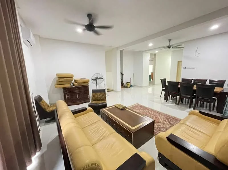 Living features: 3-seater leather sofa in beige, 2-seater leather sofa in beige, wood coffee table, area rug with geometric pattern, ceiling fan, wall-mounted split AC, curtains, white painted walls, polished tile flooring; style: modern. Dining features: 6-seater dining table, black dining chairs, white painted walls, polished tile flooring; style: modern.