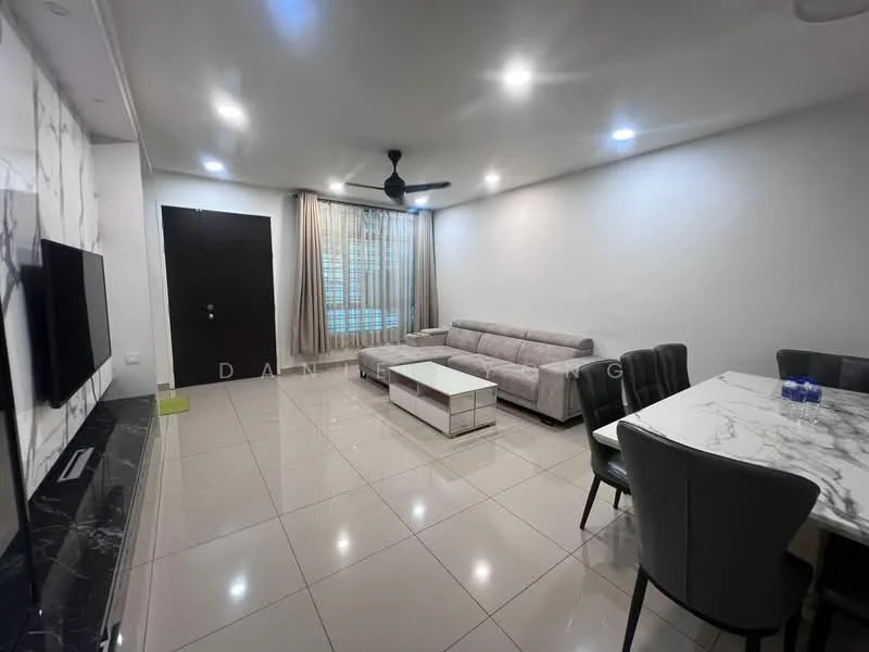 Living features: grey fabric sectional sofa, white coffee table, wall-mounted TV, black TV console, marble feature wall, recessed LED downlights, ceiling fan, large window with sheer curtains, glossy tile flooring; style: modern.