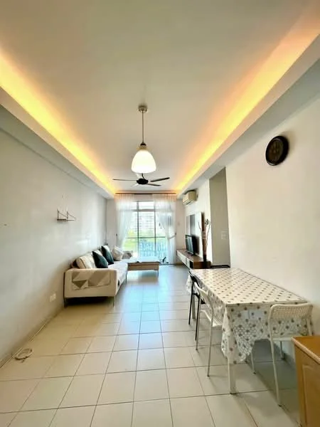 Living features: white painted walls, recessed ceiling with LED strip lighting, 5-blade ceiling fan with light, floor-to-ceiling windows, sliding glass door, light-colored sofa, coffee table, wall-mounted TV, TV console, dining table with chairs, tile flooring; style: modern; view: city.