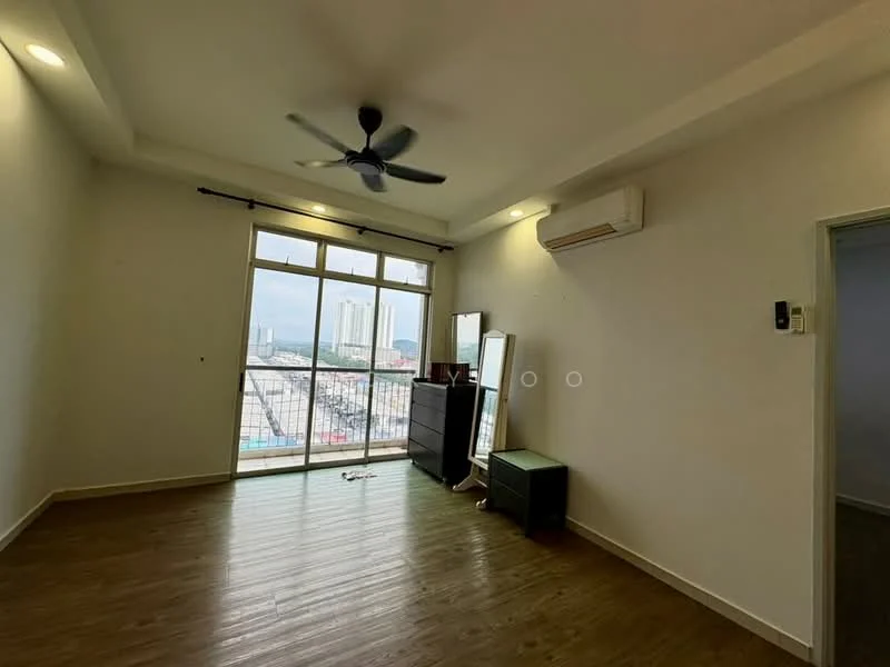Room features: wooden flooring, white painted walls, 5-blade ceiling fan, wall-mounted air conditioning unit, floor-to-ceiling windows, balcony door, black dresser, black storage unit, natural light from windows; style: modern; view: city.