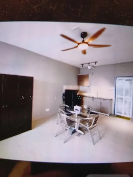 Kitchen features: ceiling fan, recessed downlights, kitchen cabinets, countertop, dining table, transparent dining chairs, stainless-steel sink, built-in oven, fridge, tile flooring, cream painted walls, open layout; style: modern.