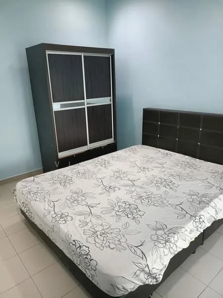 Bedroom features: king-size bed with floral-patterned bedding, upholstered headboard, built-in wardrobe with sliding doors, light blue painted walls, tile flooring, window with natural light, decorative wall art, minimalist decor; style: modern.