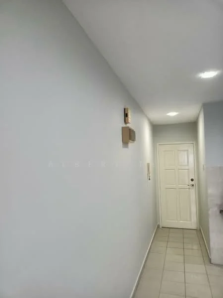 Hallway features: white painted walls, tile flooring, recessed downlights, white door, intercom panel, wall-mounted speaker.