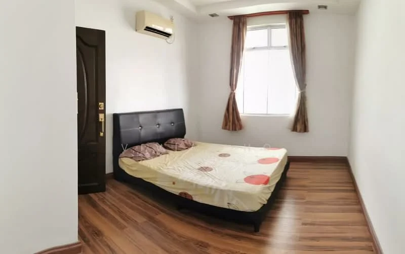 Bedroom features: queen-size bed, upholstered headboard, wooden flooring, white painted walls, floor-to-ceiling window, sheer curtains, 1 wall-mounted split AC, decorative wall light, brown wooden door; style: modern.