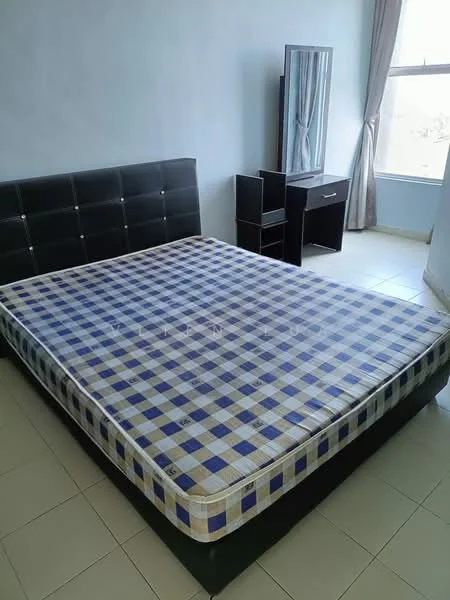 Bedroom features: king-size bed with upholstered headboard, plaid patterned mattress, mirror on dresser, dark wood dresser, dark wood bedside table, floor-to-ceiling window, curtains, light-colored walls, tile flooring; style: modern.
