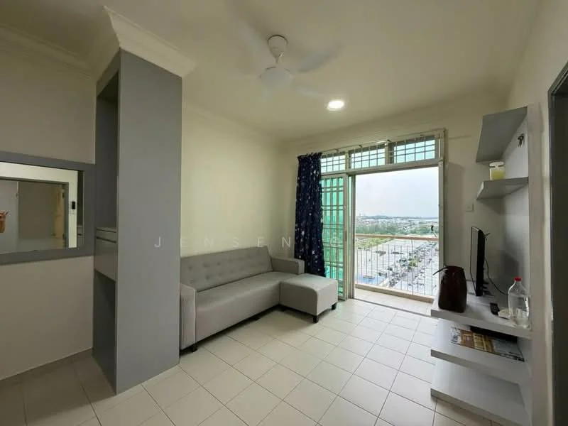 Living features: grey fabric sofa, wall-mounted TV, TV console, floor-to-ceiling windows, sliding glass door, white painted walls, ceiling fan, tile flooring, decorative shelving unit, natural light from windows; style: modern; view: city. Room features: mirror, open space, neutral color palette.