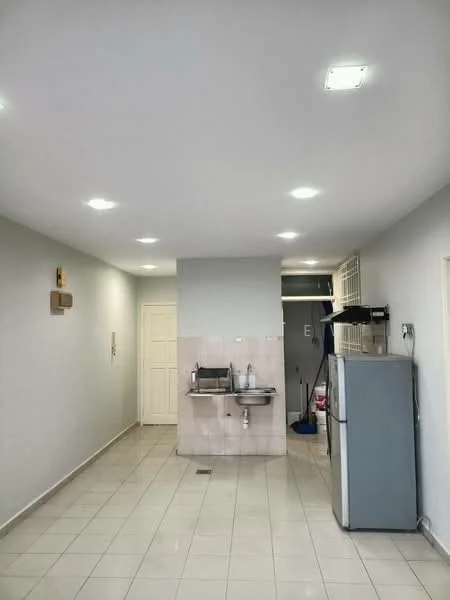 Kitchen features: white painted walls, glossy white tile flooring, recessed LED downlights, stainless-steel sink, chrome pull-down faucet, built-in cabinetry, freestanding fridge, wall-mounted mop and broom holder; style: modern.